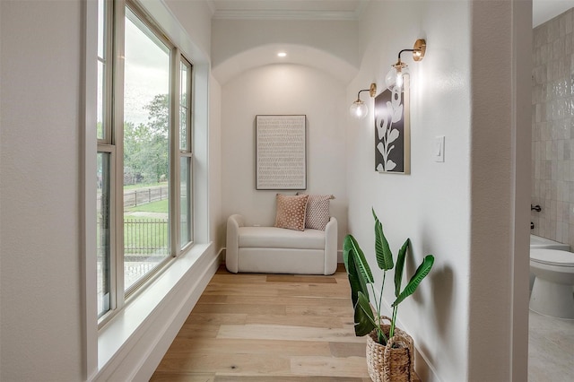 5105 Birchman Ave, Fort Worth, TX 76107 - hall featuring baseboards, light wood-type flooring, and ornamental molding