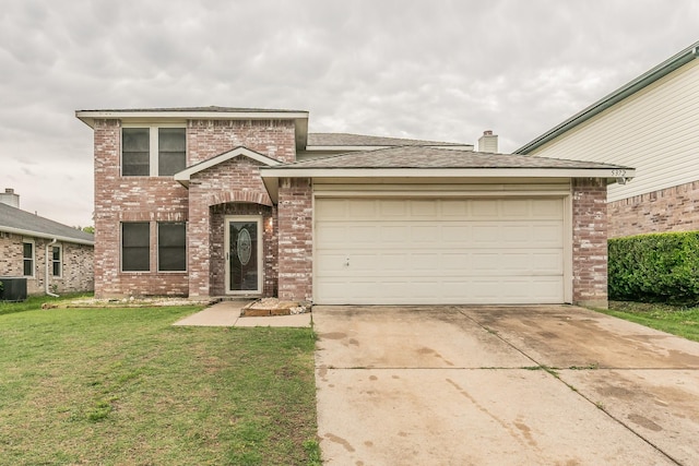 5372 Kingsknowe Pkwy, Fort Worth, TX 76135 - traditional-style house featuring brick siding, central air condition unit, a garage, a front yard, and concrete driveway