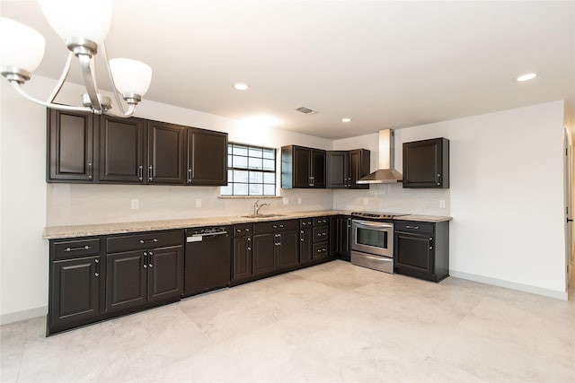 2509 Skiles Dr, Plano, TX 75075 - kitchen featuring a sink, a chandelier, black dishwasher, wall chimney range hood, and stainless steel electric stove