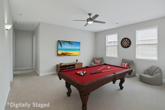 925 Spring Falls Dr, Mckinney, TX 75071 - rec room with light carpet, billiards, ceiling fan, and baseboards