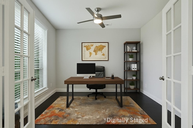 925 Spring Falls Dr, Mckinney, TX 75071 - home office featuring french doors, baseboards, dark wood-type flooring, and ceiling fan