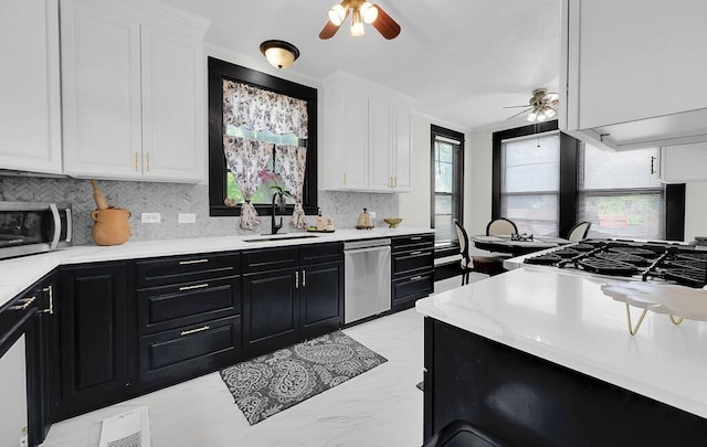 kitchen featuring appliances with stainless steel finishes, a sink, ceiling fan, and dark cabinets