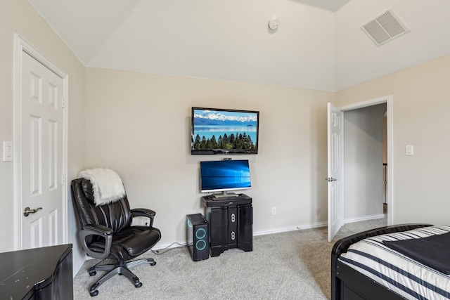 carpeted bedroom featuring visible vents, vaulted ceiling, and baseboards