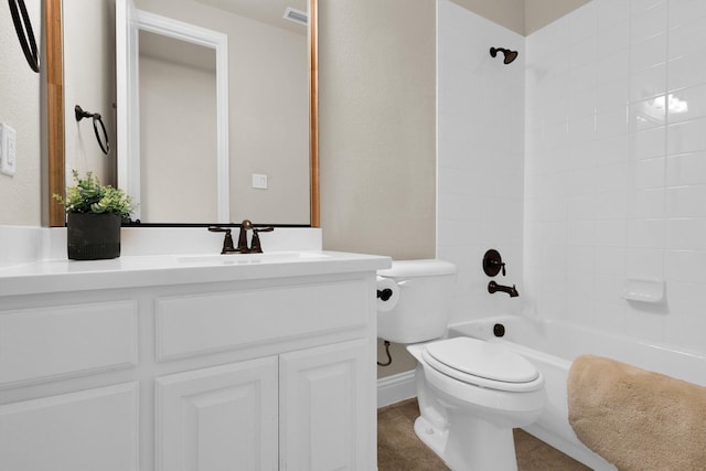 bathroom featuring vanity, shower / tub combination, visible vents, and toilet