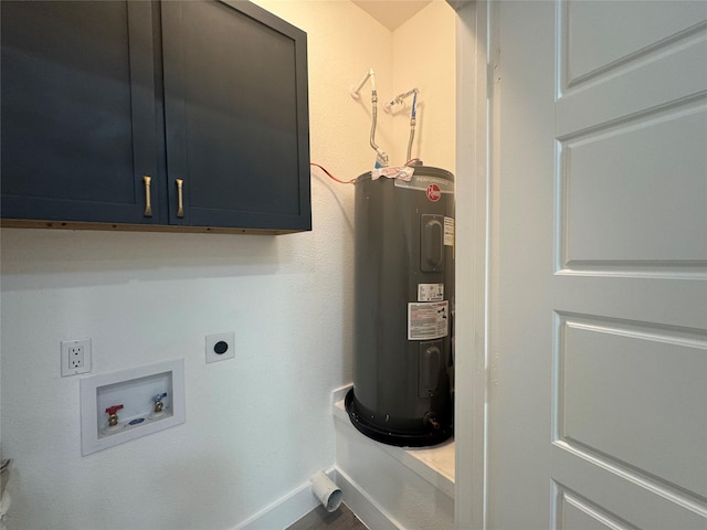 washroom with water heater, cabinet space, hookup for an electric dryer, washer hookup, and baseboards