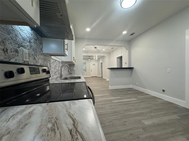 kitchen with a sink, baseboards, electric stove, exhaust hood, and wood finished floors