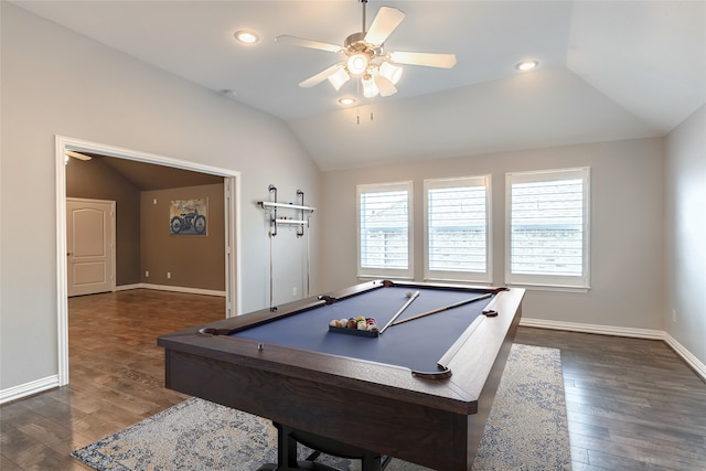 7955 Rasor Dr, Frisco, TX 75036 - playroom featuring lofted ceiling, a ceiling fan, baseboards, dark wood-style floors, and recessed lighting