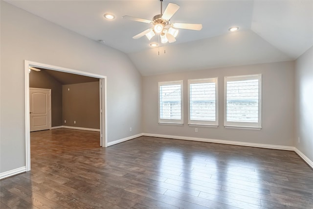 7955 Rasor Dr, Frisco, TX 75036 - spare room featuring vaulted ceiling, ceiling fan, dark wood-style floors, baseboards, and recessed lighting