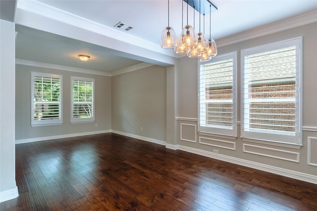 7955 Rasor Dr, Frisco, TX 75036 - spare room featuring a chandelier, dark wood-style flooring, baseboards, and ornamental molding