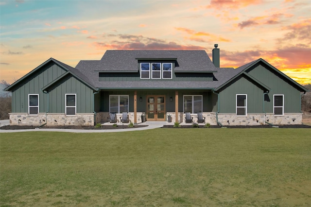 108 Grace View Rd, Weatherford, TX 76088 - view of front facade with a chimney, board and batten siding, stone siding, roof with shingles, and french doors