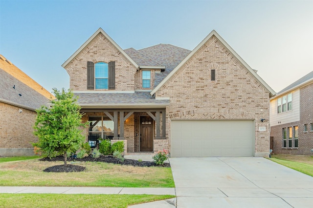 14733 Cedar Flat Way, Fort Worth, TX 76262 - view of front of property featuring covered porch, brick siding, driveway, a front yard, and an attached garage