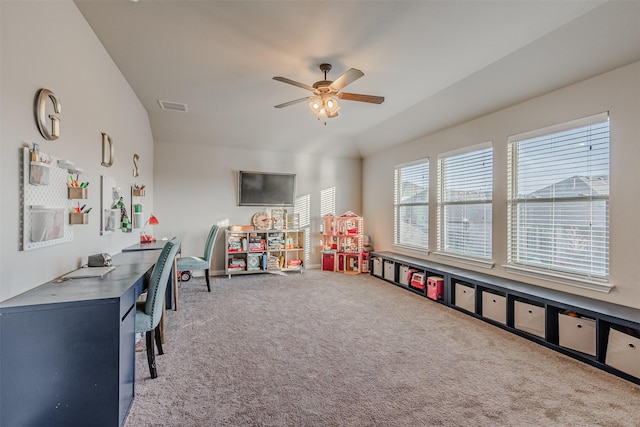 14733 Cedar Flat Way, Fort Worth, TX 76262 - rec room with visible vents, a ceiling fan, vaulted ceiling, and carpet floors