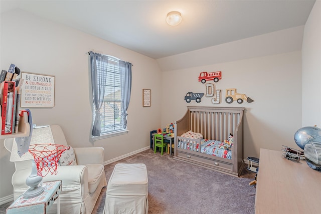 14733 Cedar Flat Way, Fort Worth, TX 76262 - bedroom featuring baseboards, a nursery area, lofted ceiling, and carpet