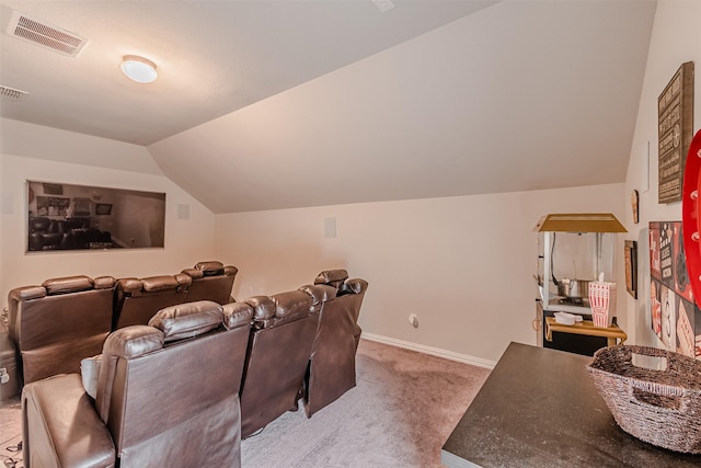 14733 Cedar Flat Way, Fort Worth, TX 76262 - home theater room with visible vents, carpet flooring, vaulted ceiling, and baseboards