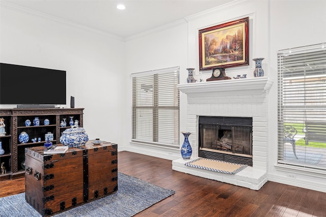 living room with ornamental molding, baseboards, wood finished floors, and a fireplace