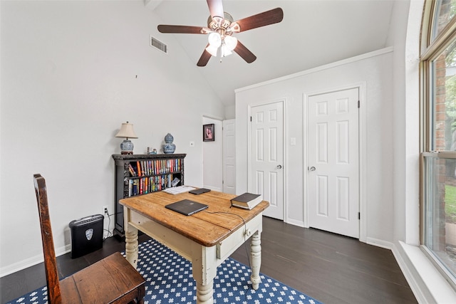 office area featuring visible vents, baseboards, vaulted ceiling, dark wood finished floors, and a ceiling fan
