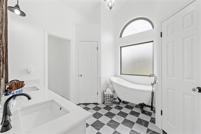 bathroom with a soaking tub and a sink