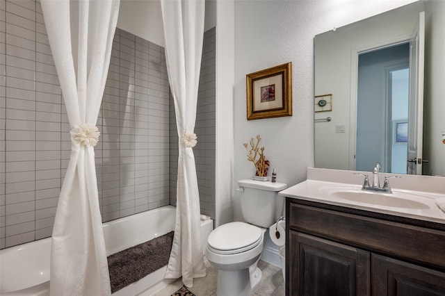 full bathroom with shower / bath combination with curtain, toilet, and vanity