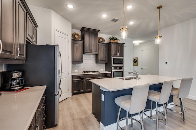 kitchen with light wood finished floors, a sink, visible vents, backsplash, and appliances with stainless steel finishes