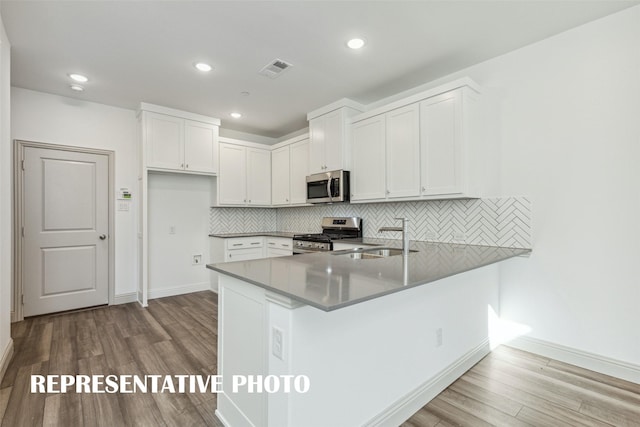 kitchen featuring a sink, appliances with stainless steel finishes, baseboards, wood finished floors, and a peninsula