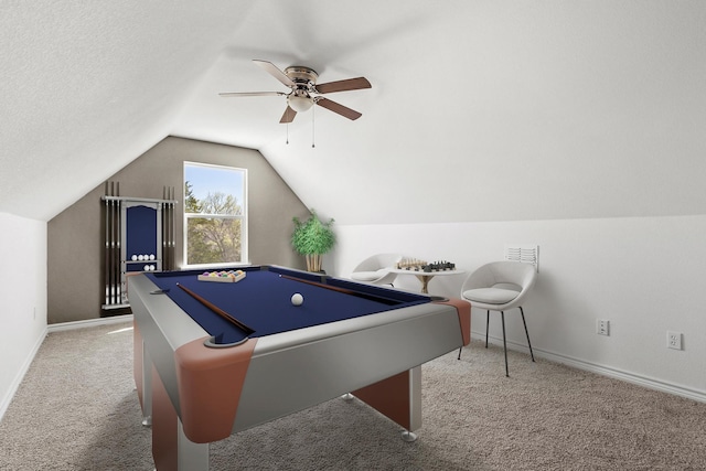 game room with ceiling fan, baseboards, carpet floors, vaulted ceiling, and pool table