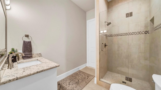 full bath featuring a stall shower, toilet, tile patterned flooring, and vanity