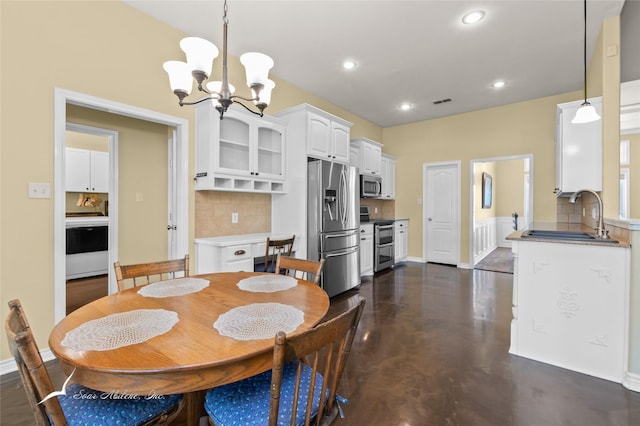 dining area with recessed lighting, an inviting chandelier, visible vents, baseboards, and finished concrete floors