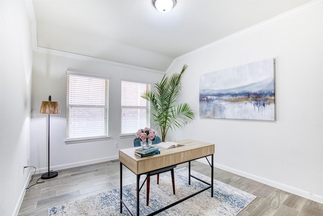 300 Copper Switch Dr, Anna, TX 75409 - office with lofted ceiling, light wood-type flooring, crown molding, and baseboards