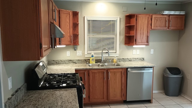 kitchen with open shelves, dishwasher, range with gas stovetop, and a sink