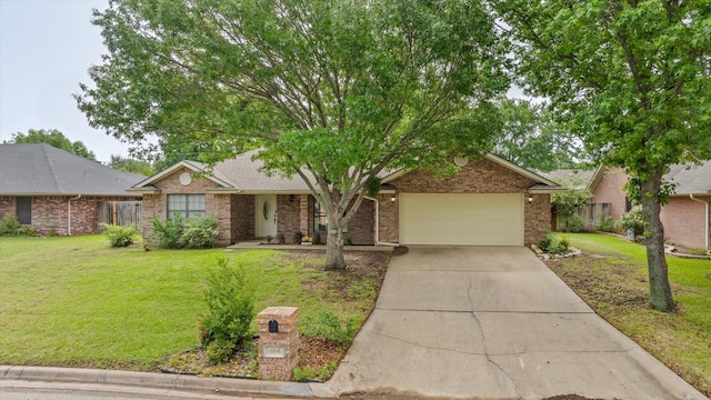 ranch-style home featuring a garage, brick siding, a front lawn, and concrete driveway