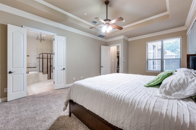 751 Chateaus Dr, Coppell, TX 75019 - carpeted bedroom with a tray ceiling, visible vents, ornamental molding, and baseboards