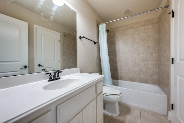 751 Chateaus Dr, Coppell, TX 75019 - bathroom with tile patterned floors, vanity, shower / bathtub combination with curtain, and toilet