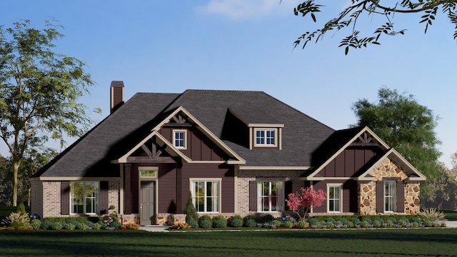 craftsman house with a chimney, board and batten siding, a front lawn, and stone siding