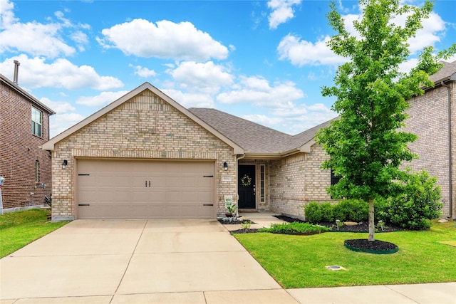 view of front of house featuring an attached garage, a shingled roof, brick siding, and a front yard
