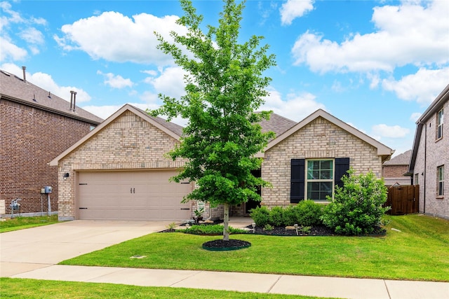 single story home with an attached garage, fence, a front lawn, brick siding, and driveway