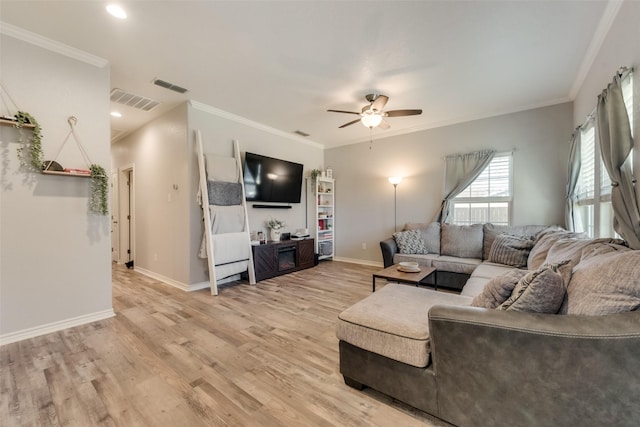 living room with ceiling fan, visible vents, baseboards, light wood-type flooring, and ornamental molding