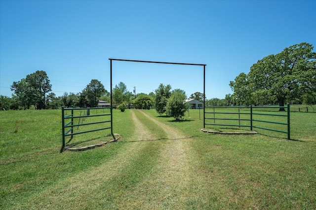 view of street featuring a rural view, driveway, and a gated entry