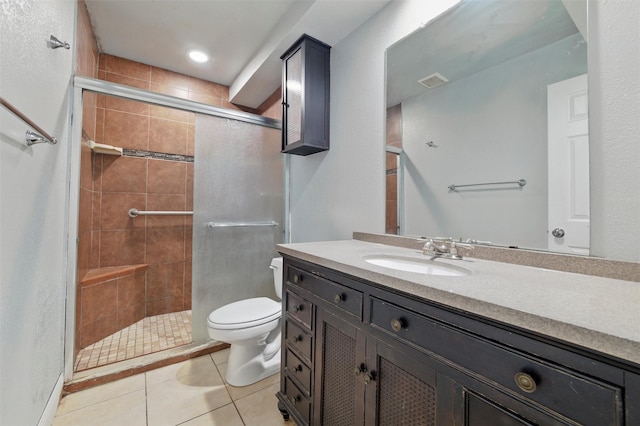 bathroom with toilet, tile patterned floors, visible vents, and a stall shower