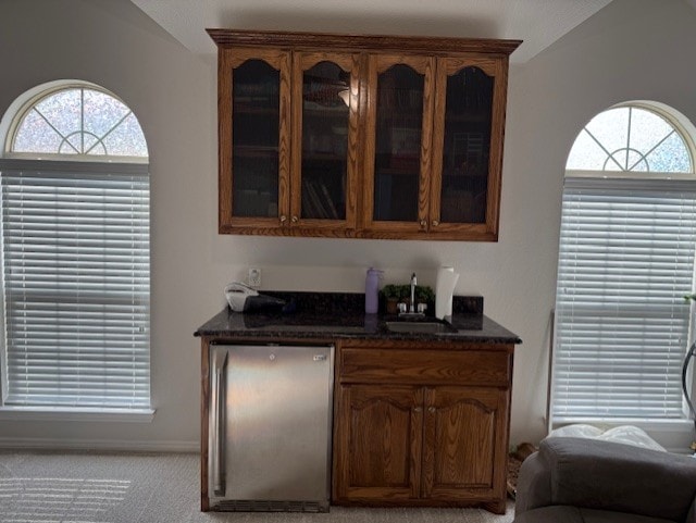 3609 S Texas Dr, Sachse, TX 75048 - bar with freestanding refrigerator, a sink, wet bar, and light carpet
