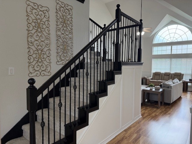 3609 S Texas Dr, Sachse, TX 75048 - staircase with a ceiling fan, high vaulted ceiling, and wood finished floors