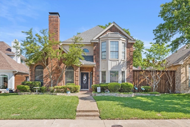 traditional-style home with brick siding, fence, a front yard, and roof with shingles