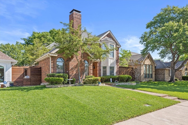 view of front of property with a chimney, brick siding, and a front yard