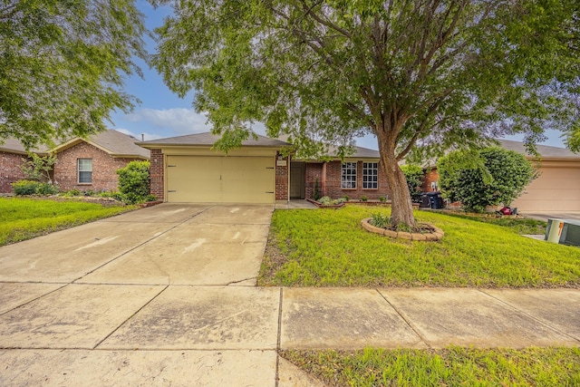 ranch-style house with a garage, brick siding, and a front lawn