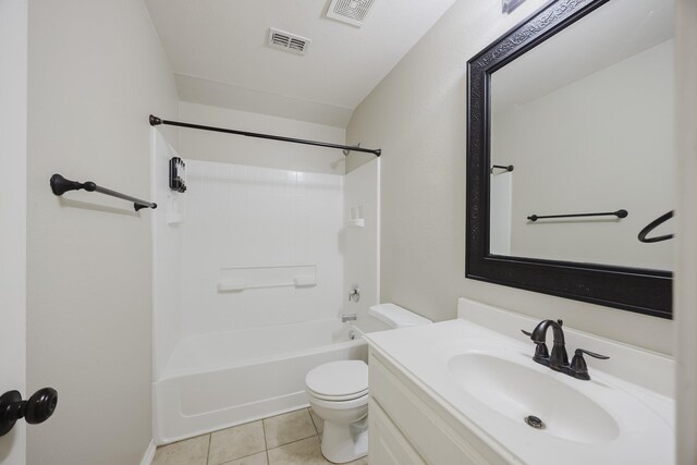 full bath featuring toilet, vanity, visible vents, and tile patterned floors