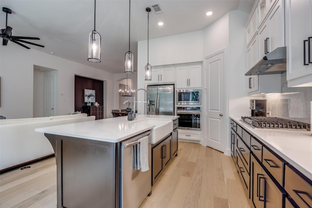 1823 Bell Ct, Van Alstyne, TX 75495 - kitchen featuring stainless steel appliances, under cabinet range hood, light wood-type flooring, backsplash, and recessed lighting