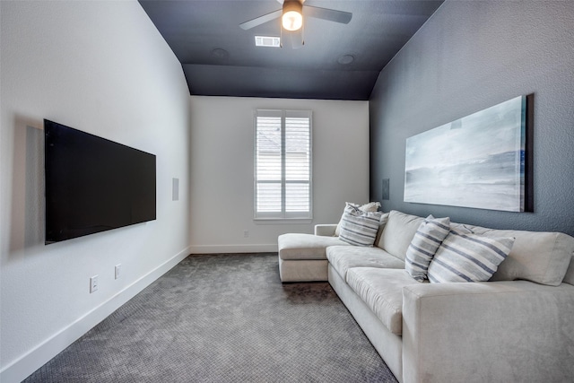 1823 Bell Ct, Van Alstyne, TX 75495 - living room featuring carpet floors, ceiling fan, and vaulted ceiling