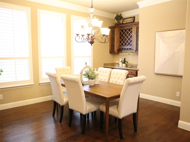 1852 Audubon Pond Way, Allen, TX 75013 - dining room with a chandelier, crown molding, dark wood finished floors, and bar area