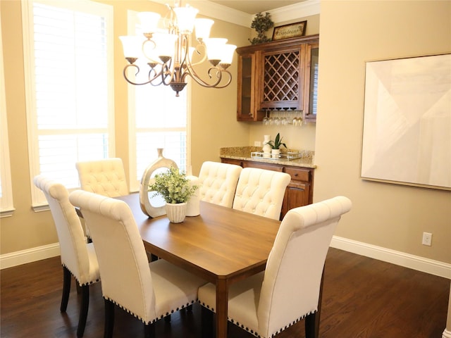 1852 Audubon Pond Way, Allen, TX 75013 - dining room featuring a chandelier, dark wood-type flooring, ornamental molding, and bar area