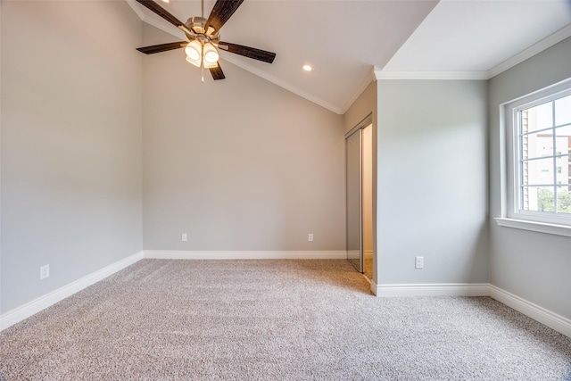 unfurnished bedroom featuring ornamental molding, recessed lighting, carpet, and baseboards