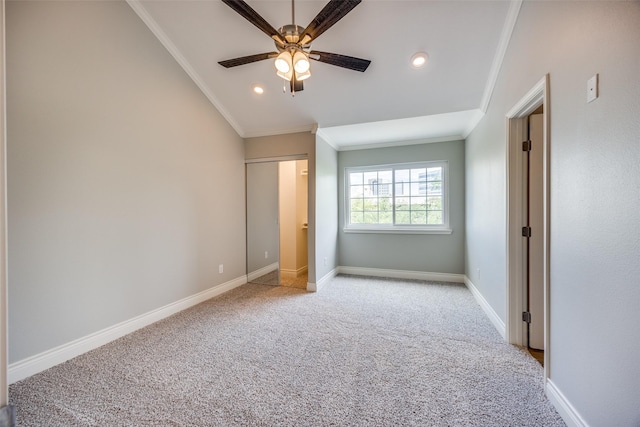 unfurnished bedroom featuring crown molding, recessed lighting, light carpet, and baseboards